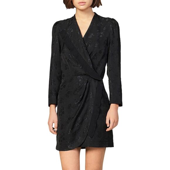 Sandro Wells Dress Black Jacquard Size 8 Long Sleeve Wrap Pleated Chic French - Picture 1 of 16